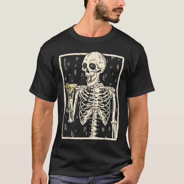 Skeleton Drinking Martini Tail Retro Halloween Cos T-Shirt (Front)