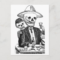 Skeleton Drinking Tequila and Smoking, Mexico Postcard