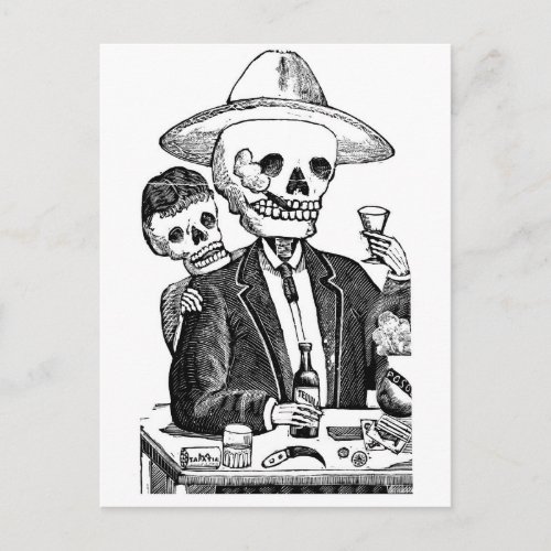 Skeleton Drinking Tequila and Smoking Mexico Postcard