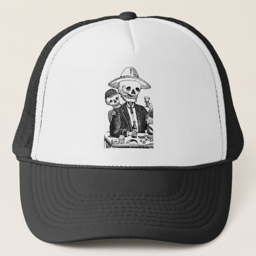 Skeleton Drinking Tequila and Smoking Mexico Trucker Hat
