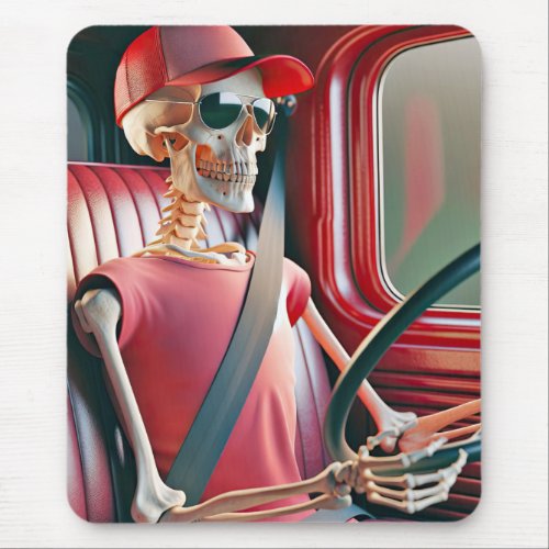 Skeleton Driving a Red Truck Mouse Pad