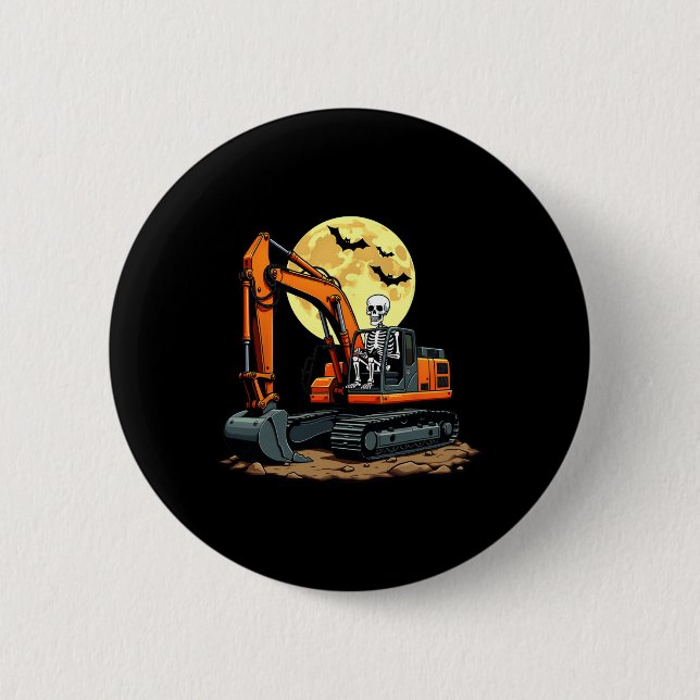 Skeleton Driving Excavator Halloween Construction  Button (Front)