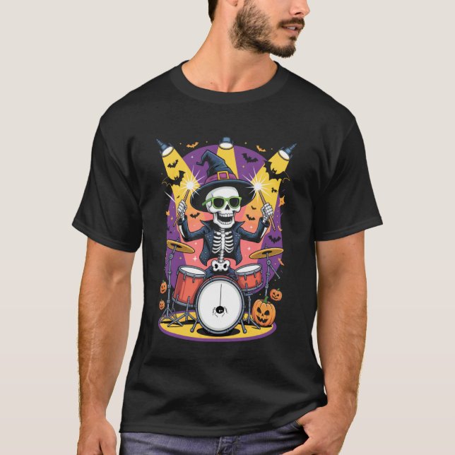 Skeleton Drummer Funny Halloween Design Trick Or T T-Shirt (Front)