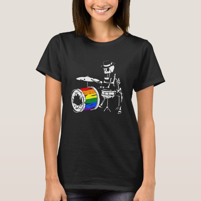 Skeleton Drummer Gay Pride LGBT Q Rainbow Drum Pri T-Shirt (Front)