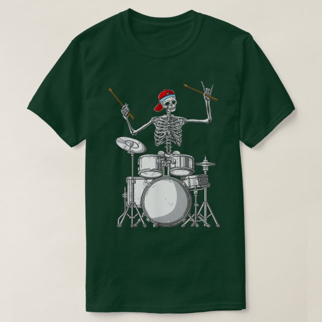 Skeleton Drummer Halloween Costume Playing Drums  T-Shirt (Design Front)