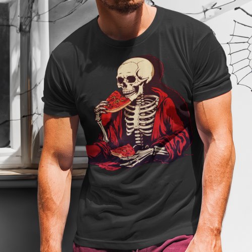Skeleton Eating a Slice of Spicy Pizza Halloween T_Shirt