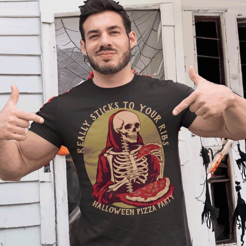 Skeleton Eating a Slice of Spicy Pizza Halloween T_Shirt