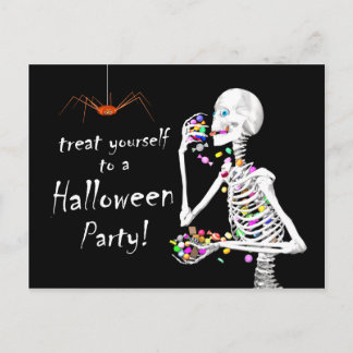 Skeleton Eating Halloween Candy (and Spider) Party Postcard