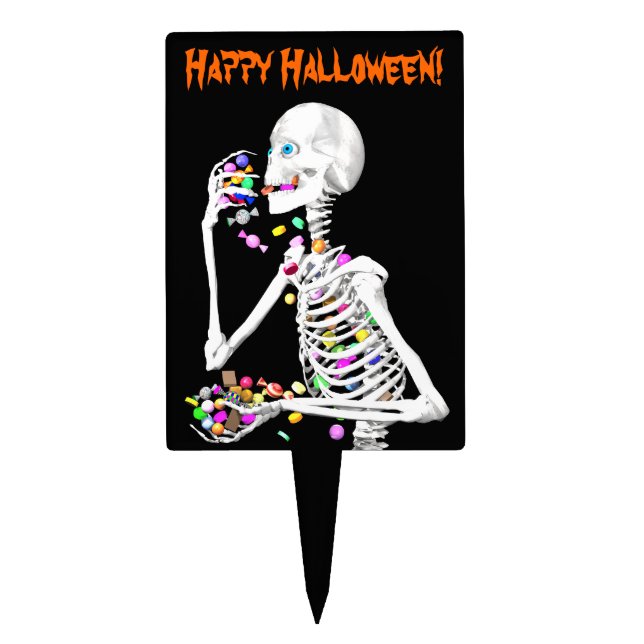 Skeleton Eating Halloween Candy Cake Topper (Front)