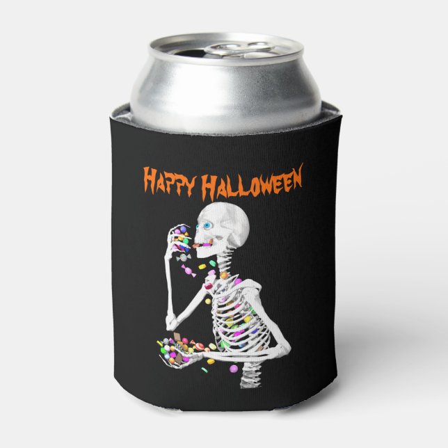 Skeleton Eating Halloween Candy Can Cooler (Can Front)