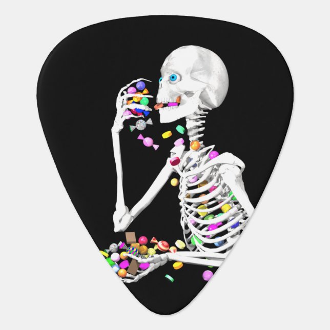 Skeleton Eating Halloween Candy Guitar Pick (Front)