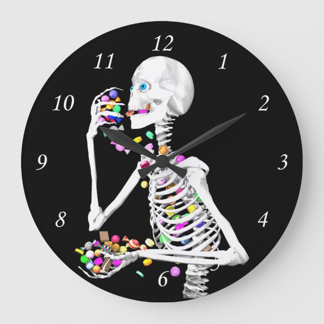 Skeleton Eating Halloween Candy Large Clock (Front)