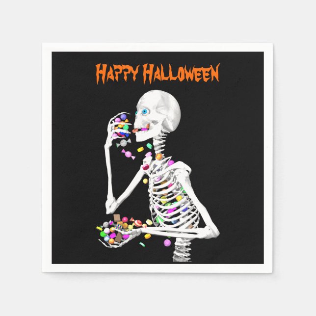 Skeleton Eating Halloween Candy Napkins (Front)