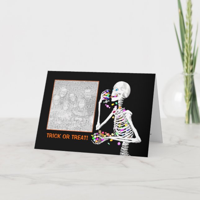 Skeleton Eating Halloween Candy Photo Card (Front)