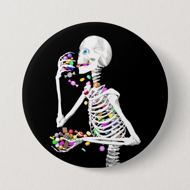 Skeleton Eating Halloween Candy Pinback Button (Front)