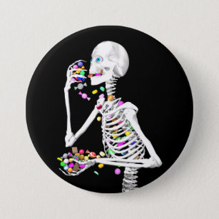 Skeleton Eating Halloween Candy Pinback Button