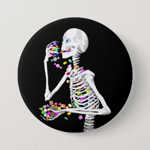 Skeleton Eating Halloween Candy Pinback Button