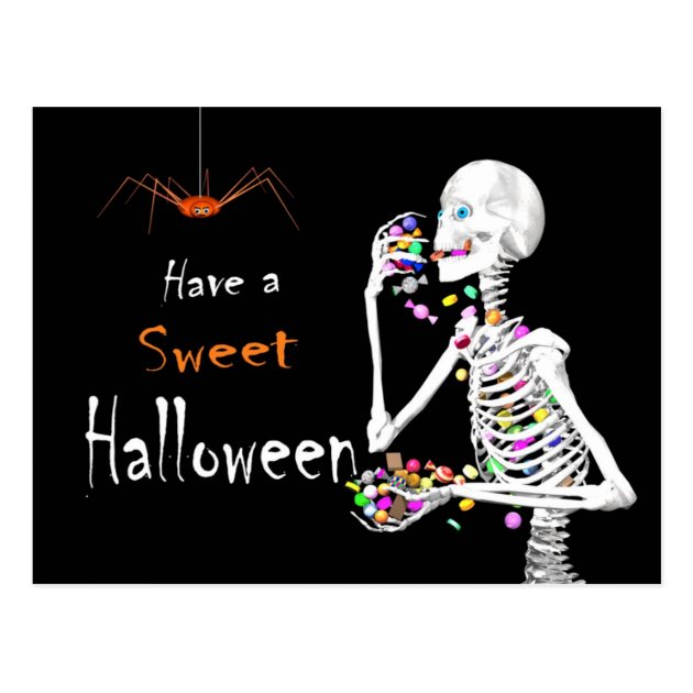 Skeleton Eating Halloween Candy Postcard