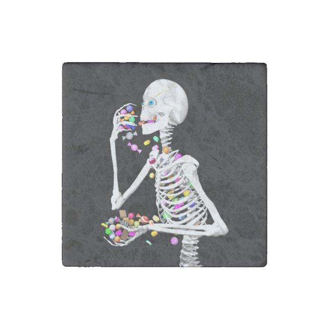 Skeleton Eating Halloween Candy Stone Magnet (Front)