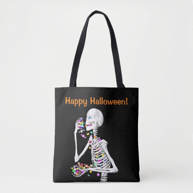 Skeleton Eating Halloween Candy Tote Bag (Front)