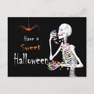 Skeleton Eating Halloween Candy (with Spider) Postcard