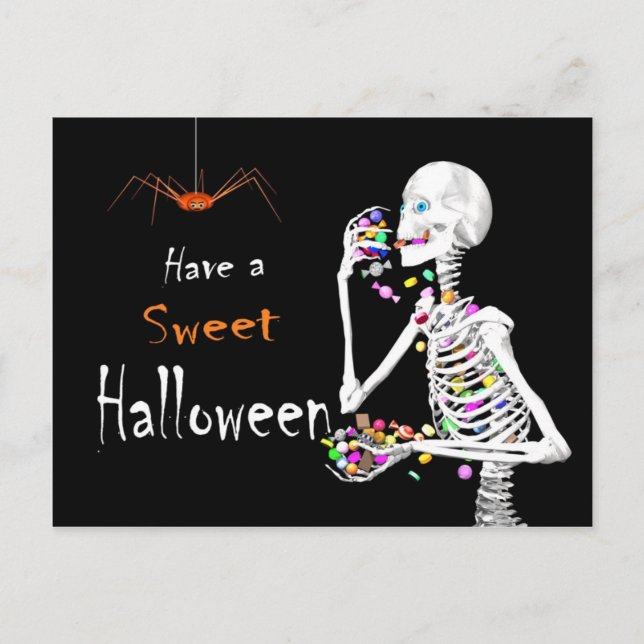 Skeleton Eating Halloween Candy (with Spider) Postcard (Front)