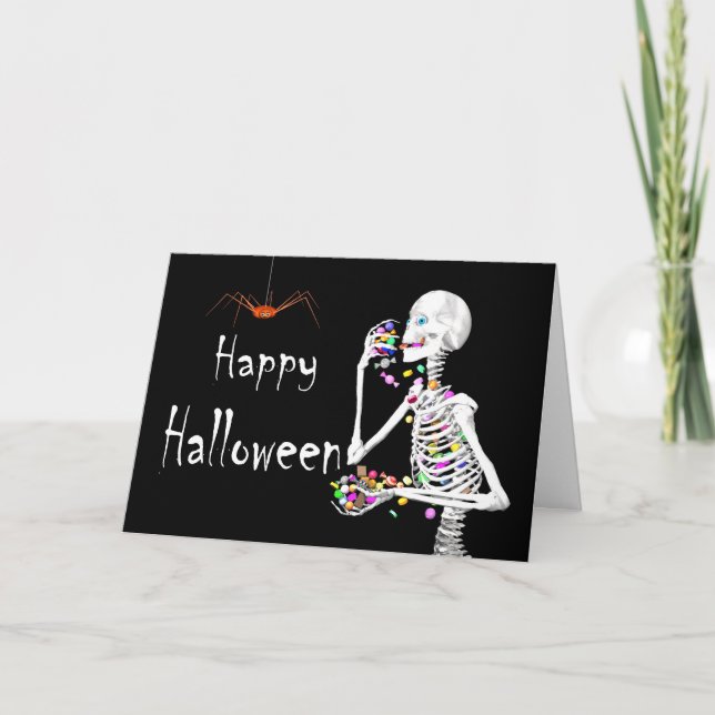 Skeleton Eating Halloween Candy (with Spiders) Card (Front)