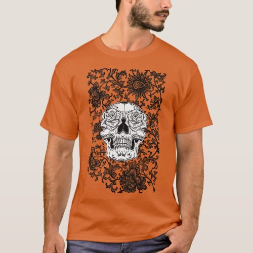 Skeleton Face Buried In Roses T_Shirt