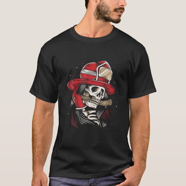 Skeleton Firefighter Lazy Halloween Costume Skull T-Shirt (Front)