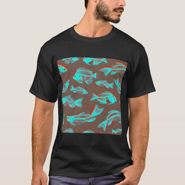 Skeleton Fish bones pattern with blue, orange, red T-Shirt (Front)