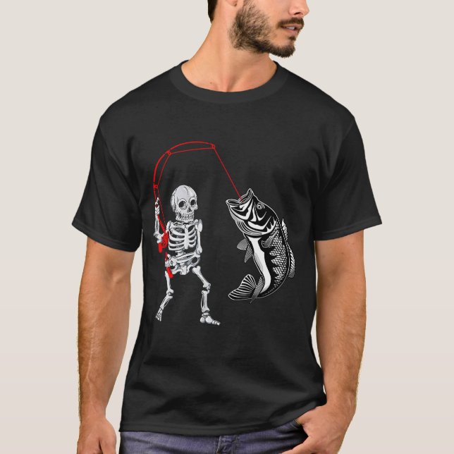 Skeleton Fishing  Bass Fisherman Halloween T-Shirt (Front)