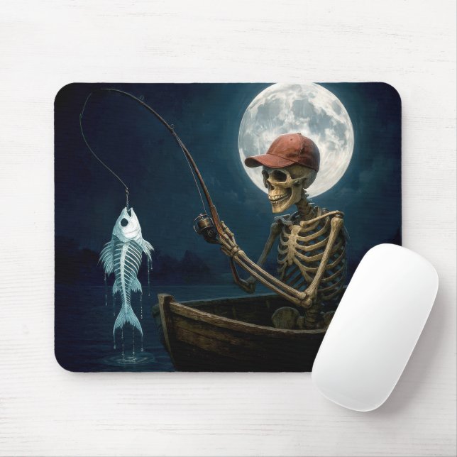 Skeleton Fishing In a Wooden Rowboat Mouse Pad (With Mouse)