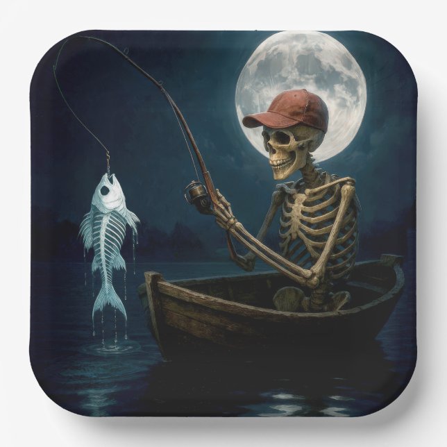 Skeleton Fishing In a Wooden Rowboat Paper Plates (Front)