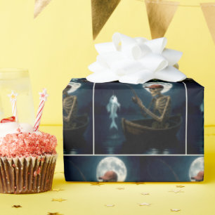 Skeleton Fishing In a Wooden Rowboat Wrapping Paper