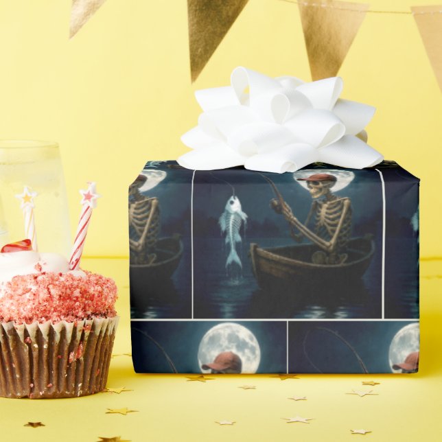 Skeleton Fishing In a Wooden Rowboat Wrapping Paper (Birthday Party)