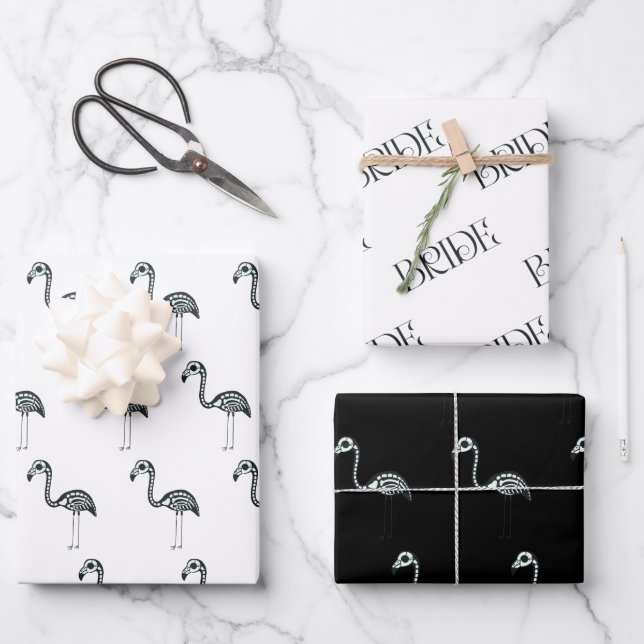 Skeleton Flamingo Bridal Shower Halloween Wrapping Paper Sheets (Front)