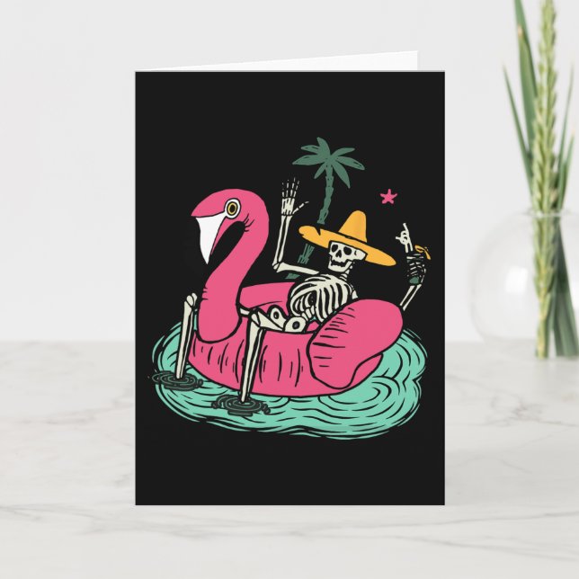 Skeleton Flamingo Float Vacation Beach Drink Retro Card (Front)