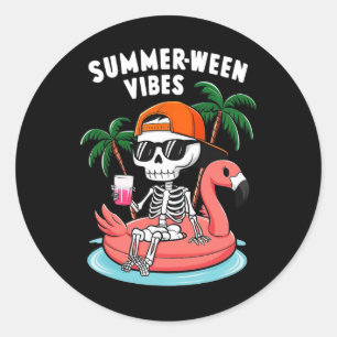 Skeleton Flamingo Summerween Vibes Halloween Boys  Classic Round Sticker