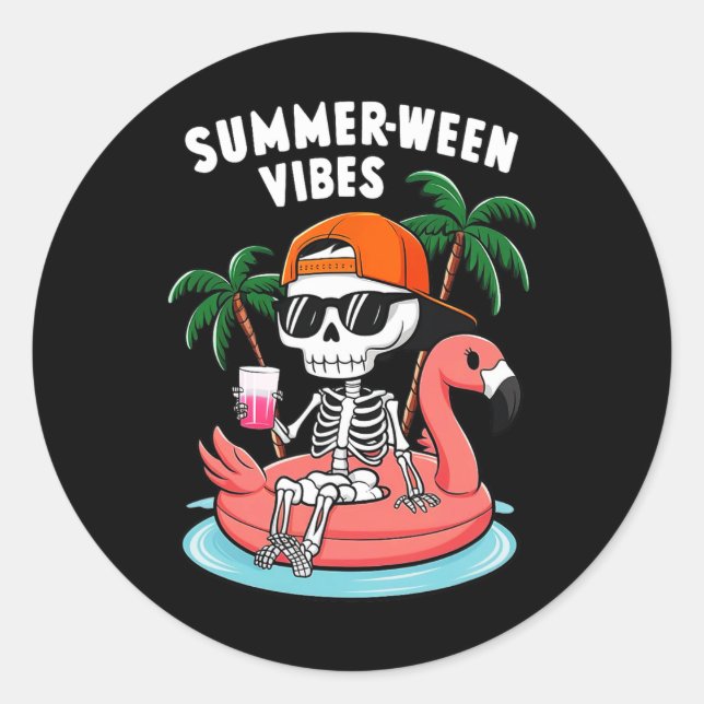 Skeleton Flamingo Summerween Vibes Halloween Boys  Classic Round Sticker (Front)