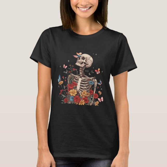 Skeleton Flowers Butterfly Floral Halloween Men Wo T-Shirt (Front)