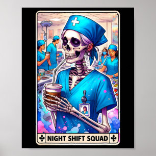 Skeleton Funny Tarot Card Night Shift Squad Hallow Poster