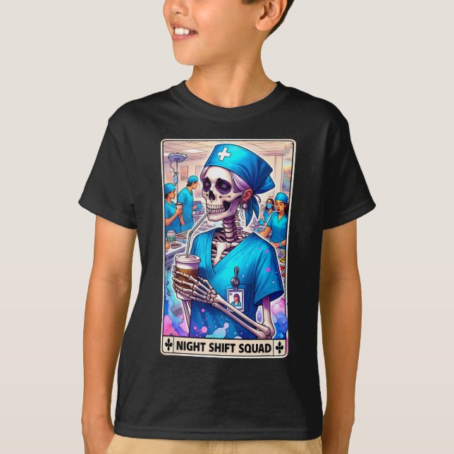 Skeleton Funny Tarot Card Night Shift Squad Hallow T-Shirt (Front)