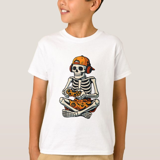 Skeleton Gamer Headphone Funny Halloween Gaming T-Shirt (Front)