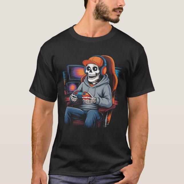 Skeleton Gamer Play Video Games In A Gaming Chair  T-Shirt (Front)