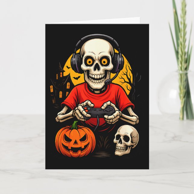 Skeleton Gamer Playing Video Games Halloween Spook Card (Front)