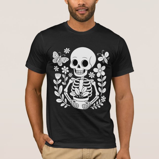 Skeleton Gardener Art Whimsical Flower Pot  T-Shirt (Front)