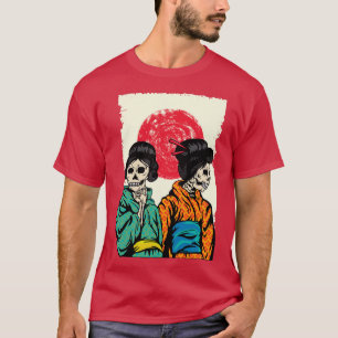 Skeleton Geisha Girls in Rising Sun Japanese Kanji T-Shirt