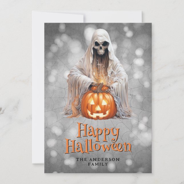 Skeleton Ghost Jack OHappy Halloween Holiday Card (Front)