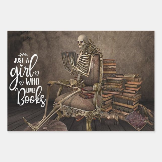 Skeleton Girl Book Lover Wrapping Paper Sheets (Front)
