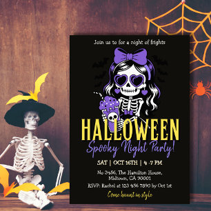 Skeleton Girl Halloween Spooky Night Party Purple Invitation